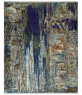 8x10 Fine Hand Knotted Blue And Brown Modern Abstract Wool and Bamboo Silk Area Rug