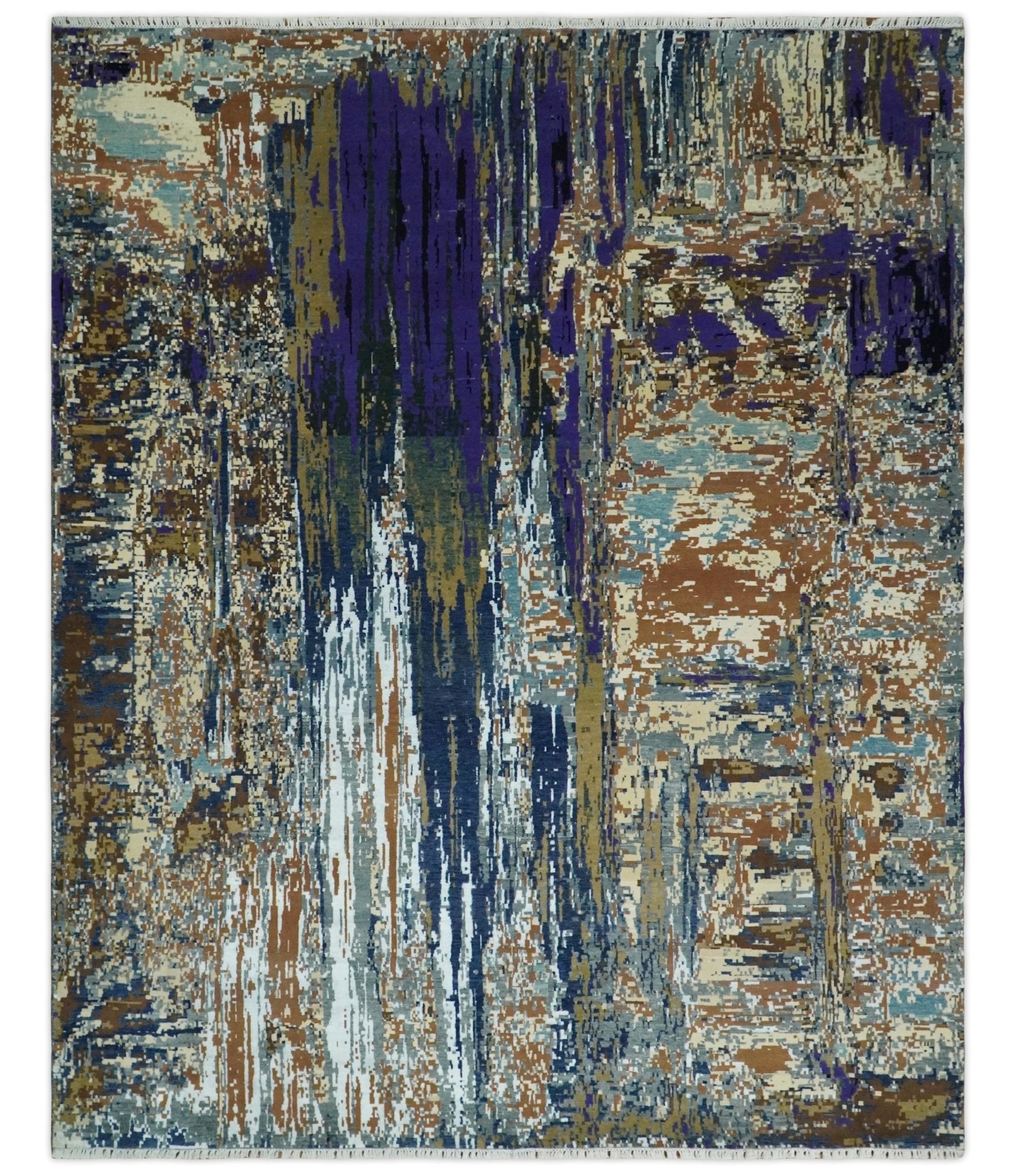 8x10 Fine Hand Knotted Blue And Brown Modern Abstract Wool and Bamboo Silk Area Rug