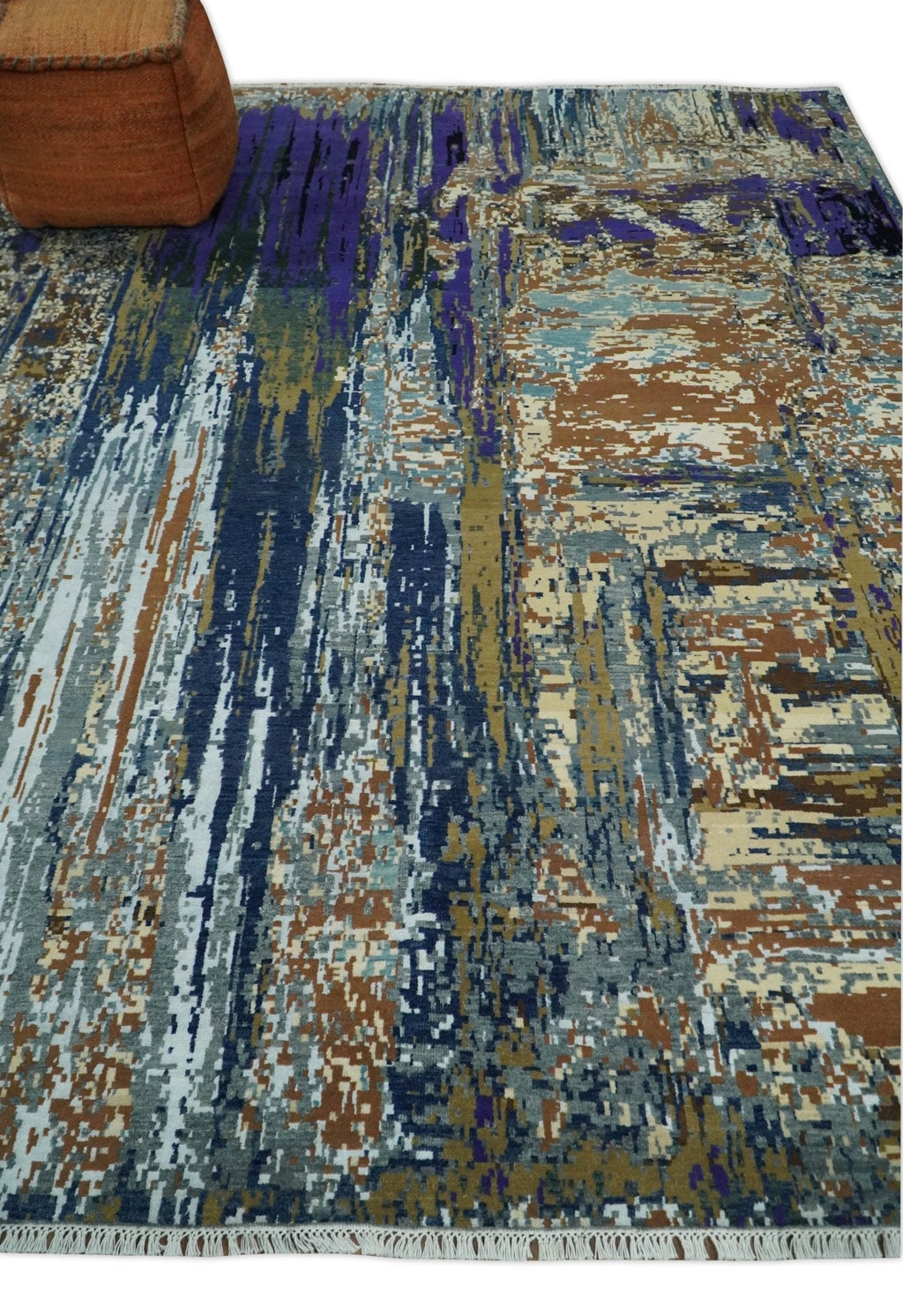 8x10 Fine Hand Knotted Blue And Brown Modern Abstract Wool and Bamboo Silk Area Rug