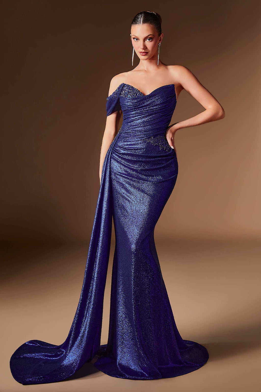 Ladivine J913 One Shoulder Metallic Fitted Dress With Sash