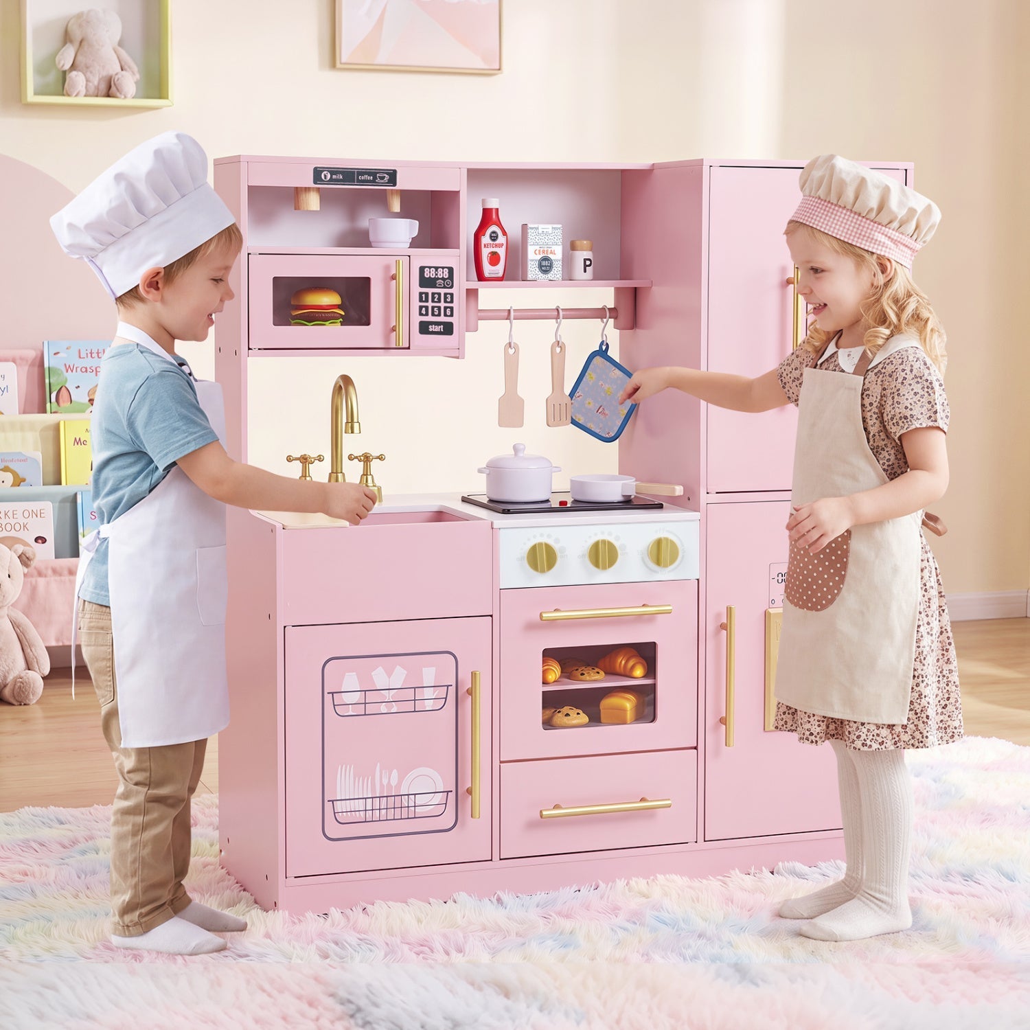 Wooden Play Kitchen with Lights & Sounds for Kids Ages 3+