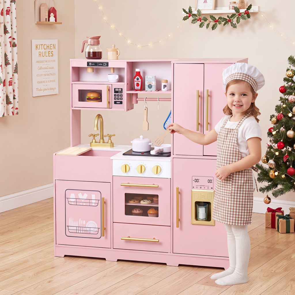 Wooden Play Kitchen with Lights & Sounds for Kids Ages 3+
