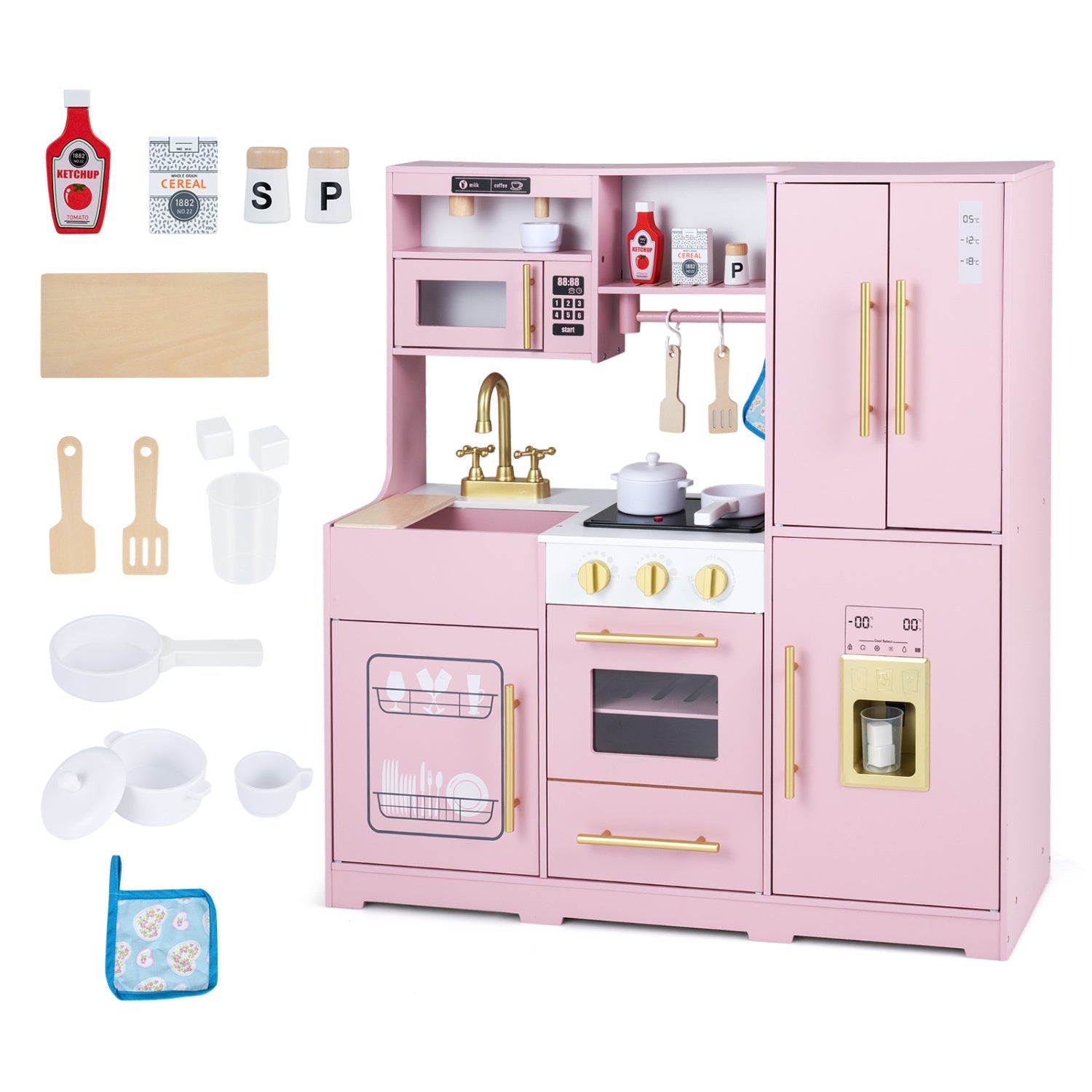 Wooden Play Kitchen with Lights & Sounds for Kids Ages 3+