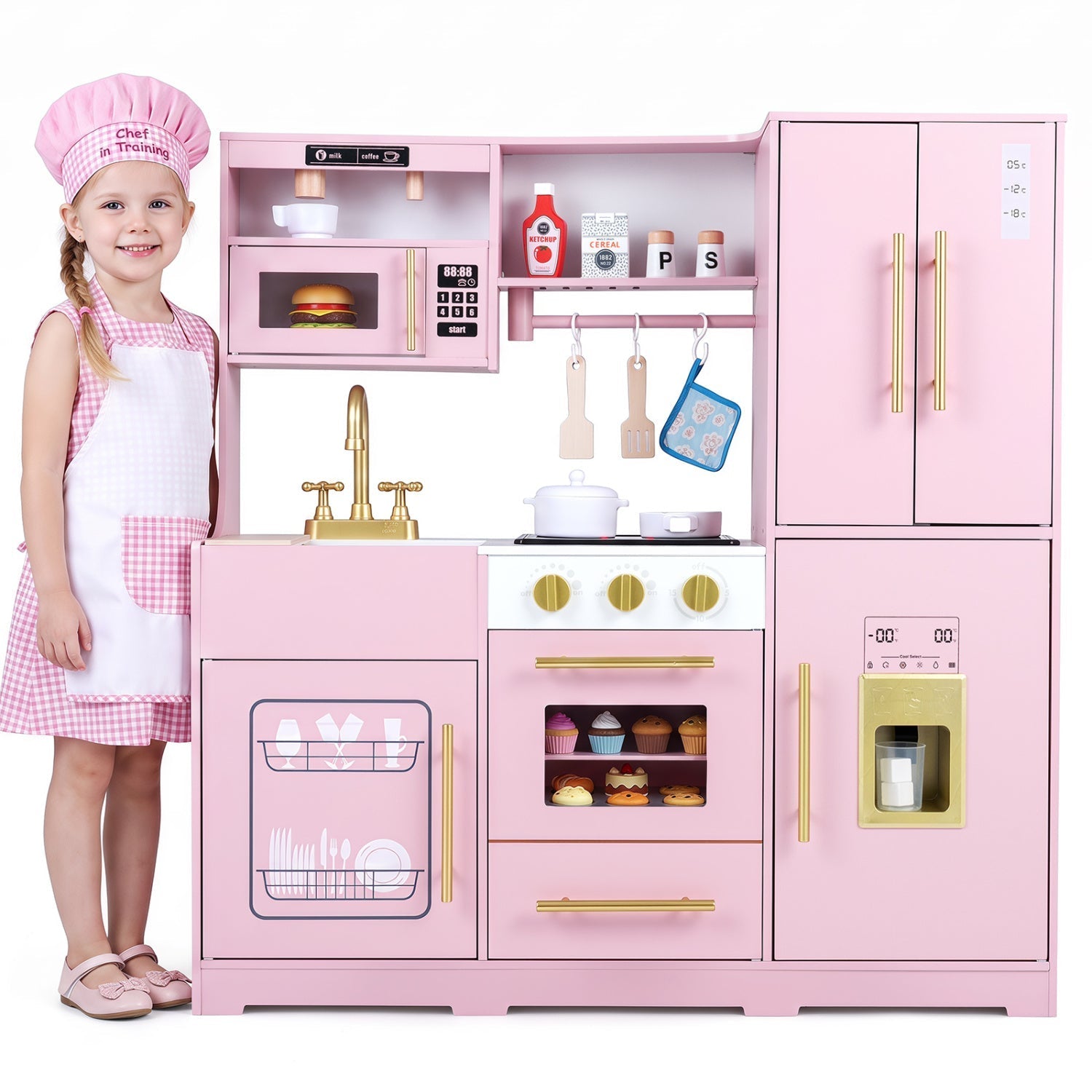 Wooden Play Kitchen with Lights & Sounds for Kids Ages 3+