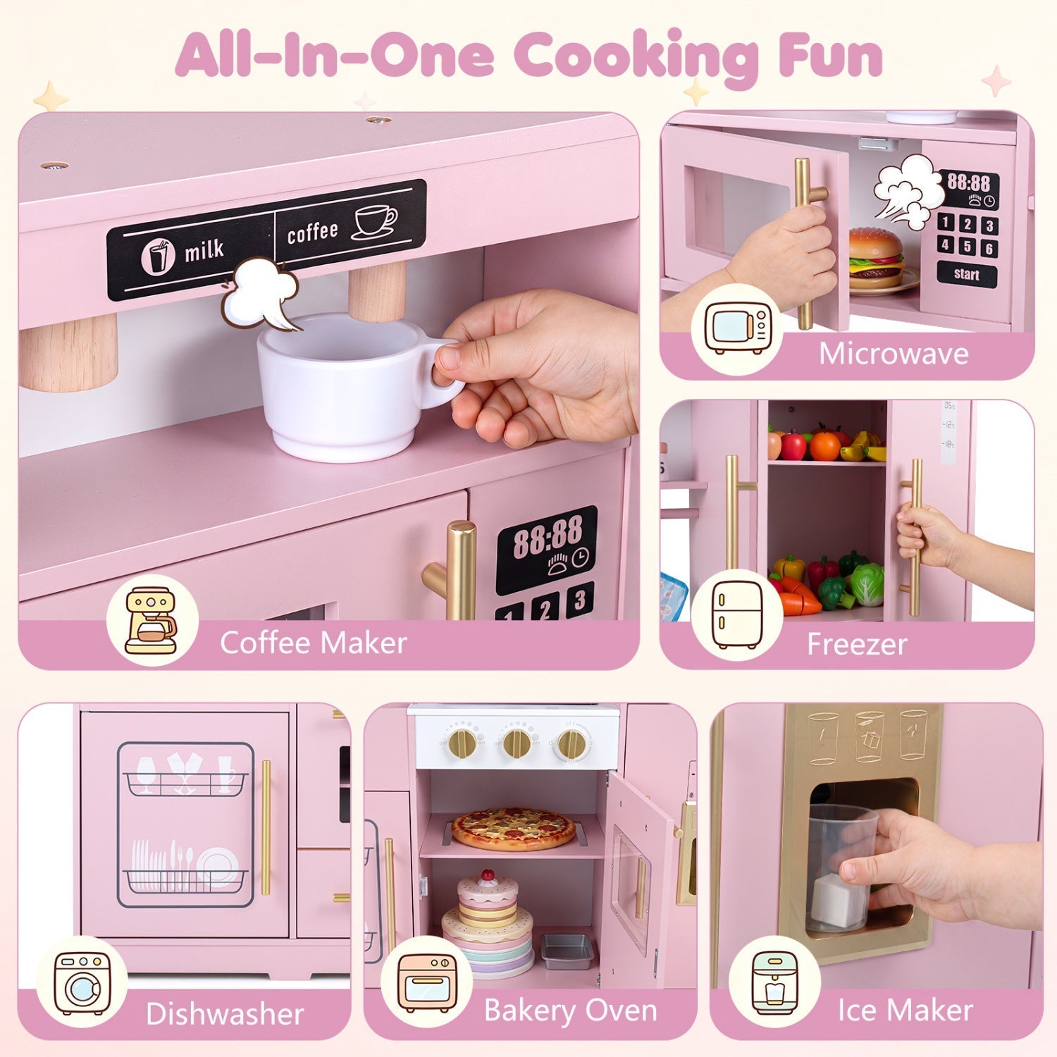 Wooden Play Kitchen with Lights & Sounds for Kids Ages 3+
