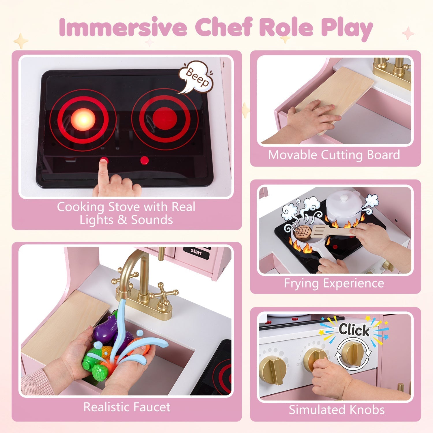 Wooden Play Kitchen with Lights & Sounds for Kids Ages 3+