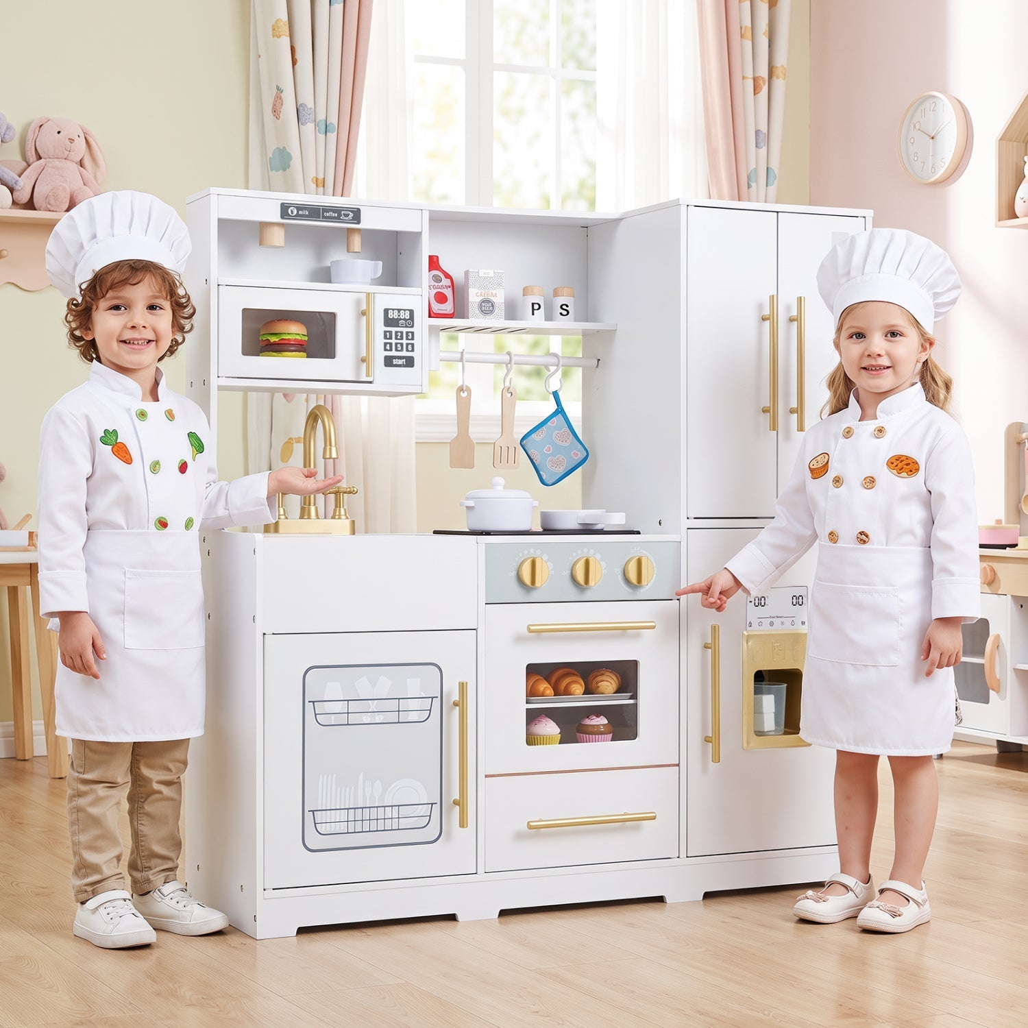 Wooden Play Kitchen with Lights & Sounds for Kids Ages 3+