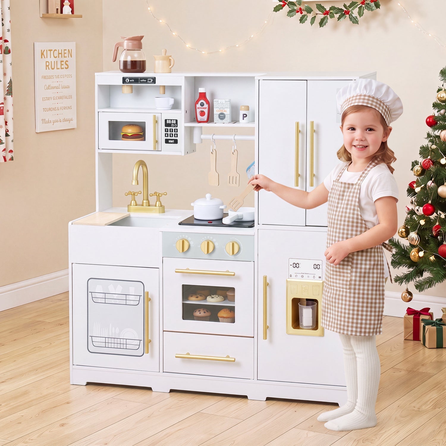 Wooden Play Kitchen with Lights & Sounds for Kids Ages 3+